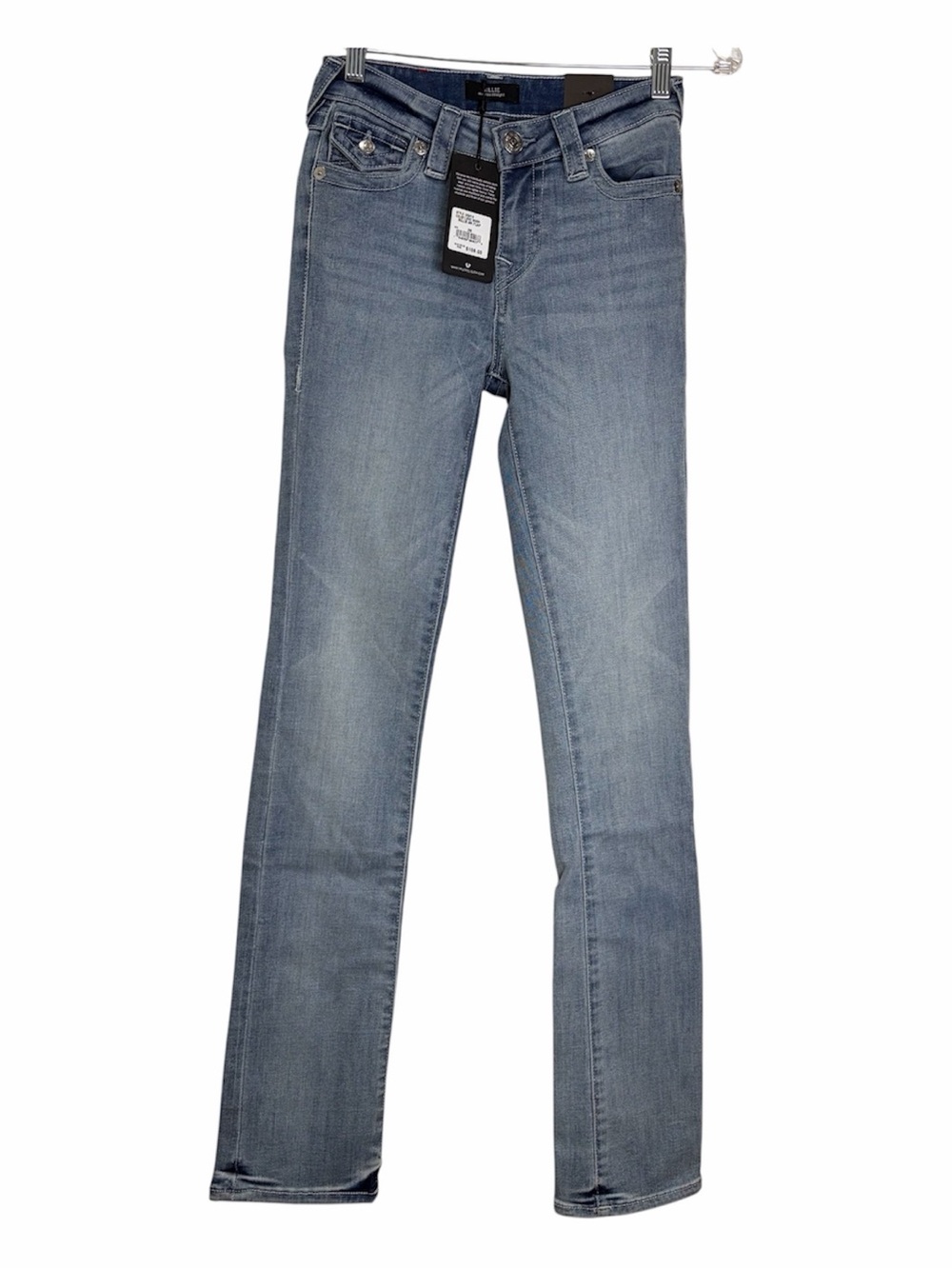 NWT True Religion Billie Mid Rise Flap Straight Jeans Light Wash 26